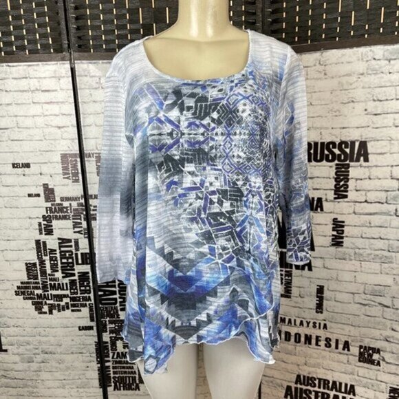 One World L Blue/Gray Print Semi- Sheer Layered Scoop Neck 3/4 Sleeve Top - Picture 1 of 5